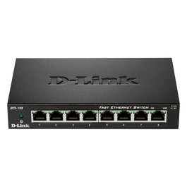 D-Link DES-108 - Switch Ethernet de 8 Puertos 10/100 Mbps, No Administrado, Plug and Play, Chasis Metal, Silencioso, con QoS y Tecnología Green para Ahorro de Energía